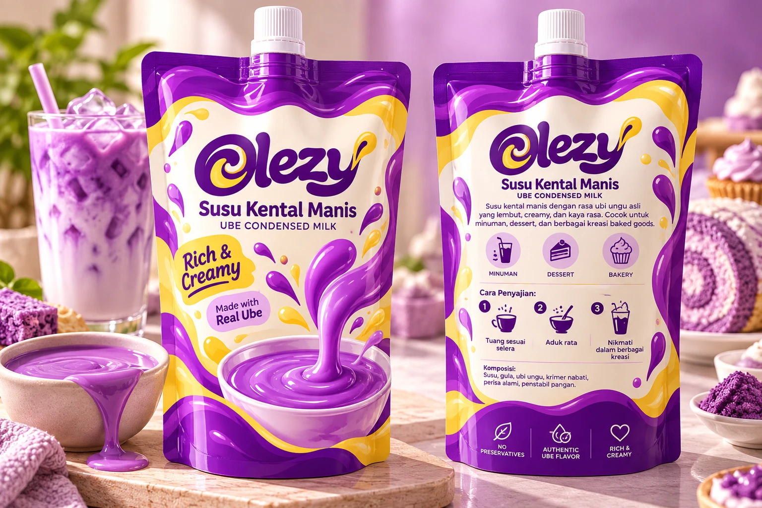 Mockup kemasan Olezy Susu Kental Manis Ube dengan minuman dan dessert ungu